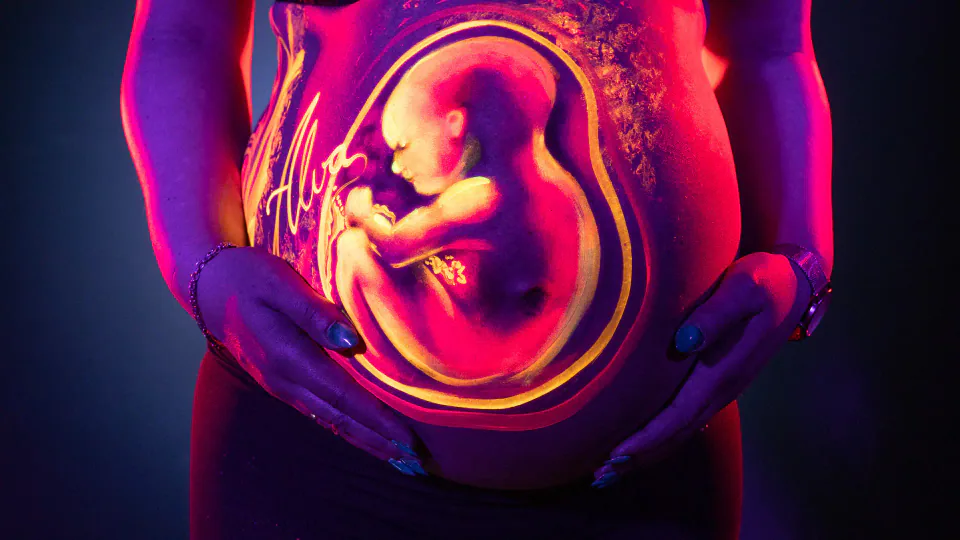 Babybauch mit leuchtendem Babymotiv im Schwarzlicht