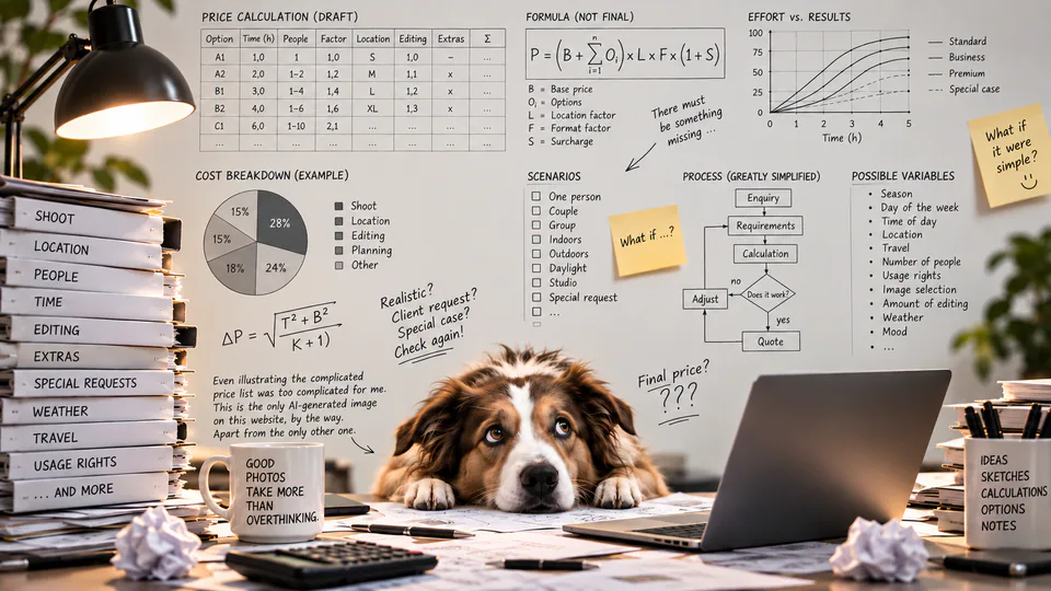 An AI-generated illustration of a dog at a desk with price calculations and a handwritten note